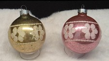Vintage Made in USA Glass Mica Stenciled Flower Design Christmas Ornaments