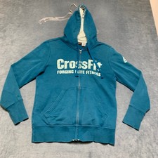 Reebok CrossFit Full-Zip Hoodie Women L Blue Graphic Logo Drawstring Long Sleeve