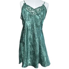 VTG Victoria's Secret Gold Label Green Bow Lace Trim Satin Slip Dress Size M