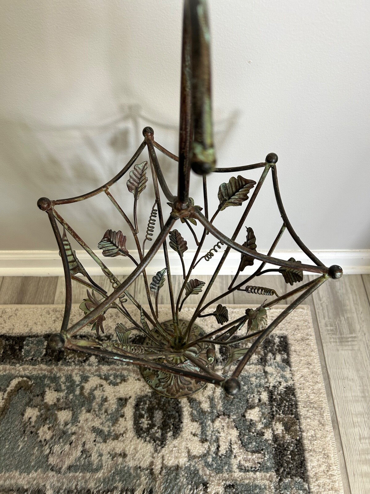 Vintage Wrought Iron Floral & Leaf Green Patina Umbrella Stand app 28” x 12”