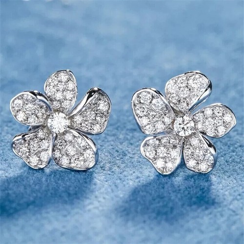 1.3Ct Round Cut Moissanite Flower Stud Earrings In 14K White Gold Plated Silver - Picture 4 of 6