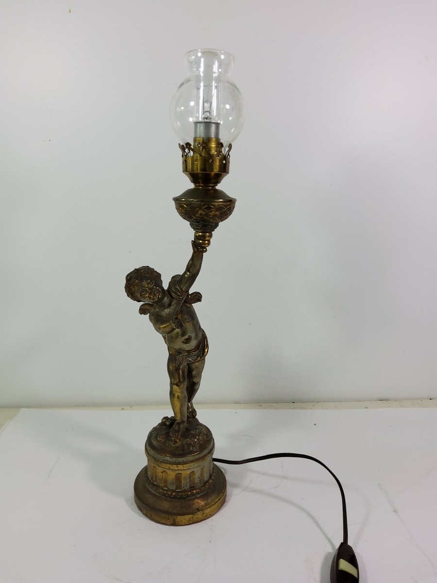 Lampe De Table Ancienne En Régule Avec Chérubin/angelot - Ampoule E14 - France
