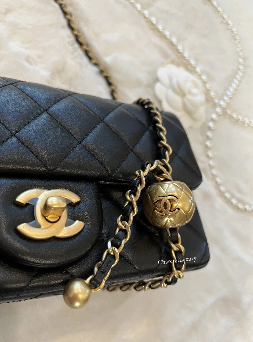 🖤NWT 23C CHANEL Black Mini Rectangle Pearl Crush Gold Ball Flap