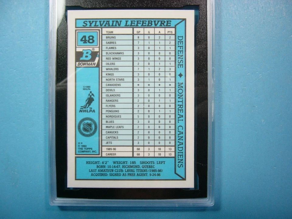1990/91 BOWMAN TIFFANY NHL HOCKEY CARD #48 SYLVAIN LEFEBVRE ROOKIE RC KSA 10 GEM - Image 4 of 4