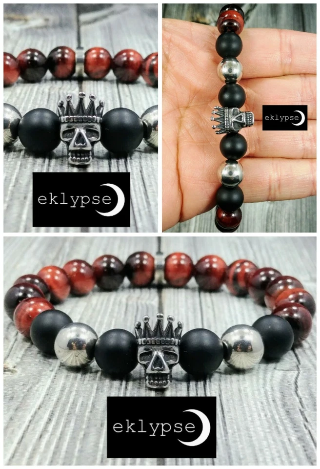 Pulseira de contas de aço inoxidável 8"L Skull King 10 mm ônix + olho de tigre vermelho - Imagem 2 de 4