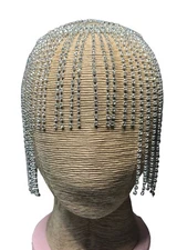 Tassle Rhinestone Cap Headpiece Flapper Silver Tone Performance Hair Accessories