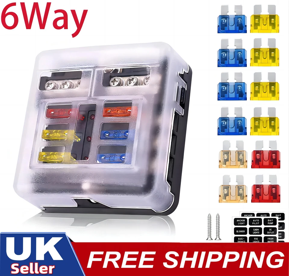 6 Way Blade Fuse Box Block FuseBox Holder Auto Marine Bus Bar Car Kit 12V-32V UK