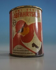 Werbung alte Blechdose Skilack Abfahrtsblitz Skifahrer Toni Seelos (0421-016)
