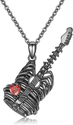 Rib Guitar Necklace Sterling Silver Gothic Skull Pendant Jewelry Gifts Women Men