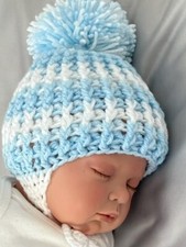 Brand New hand made crochet baby hat ,blue and white with pom pom for New Born