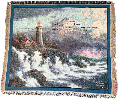 NEW Thomas Kinkade Throw Blanket Conquering the Storms Lighthouse Psalm 91:2 Vtg