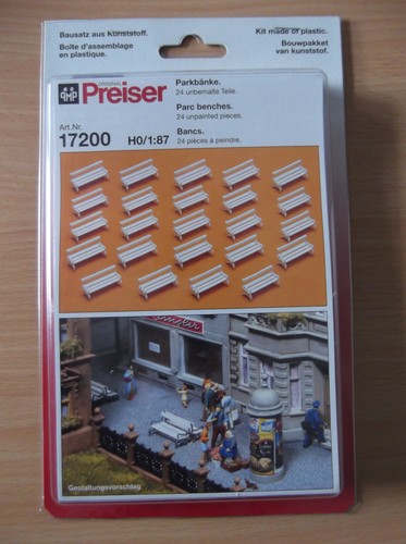 Bancos de aparcamiento H0, Preiser 17200, 24 piezas, sin pintar, sin abrir | Condition: Gebraucht