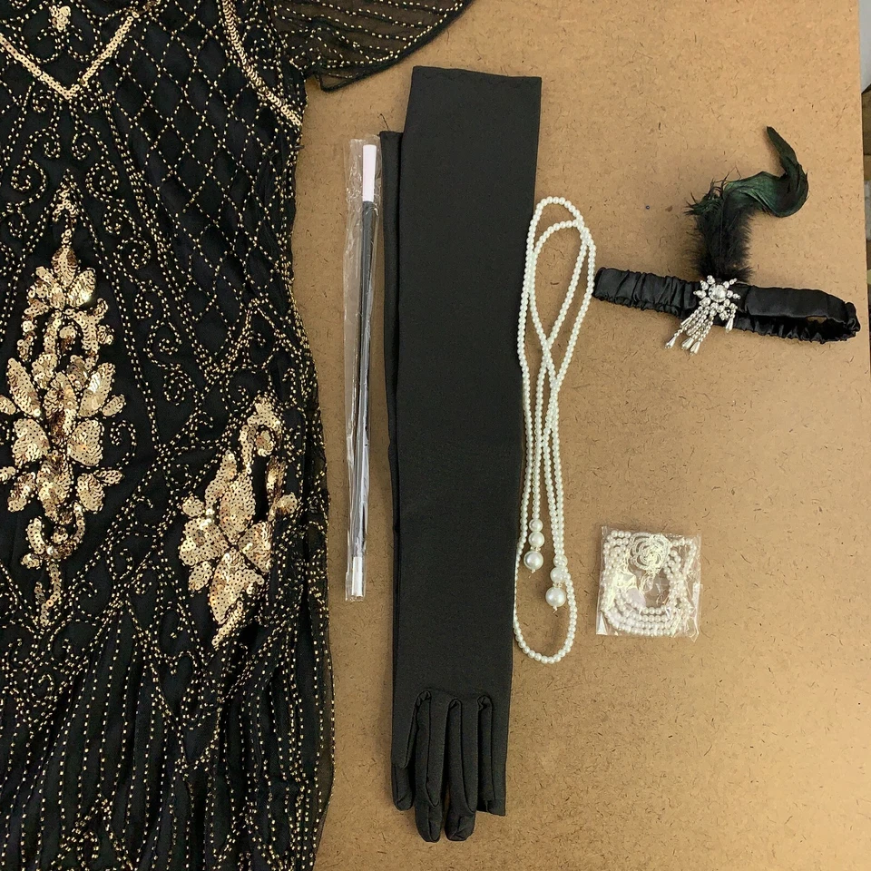 女式小号黑色和金色亮片条纹飘逸连衣裙和配件套装 9 件 — 第 3/4 张图片