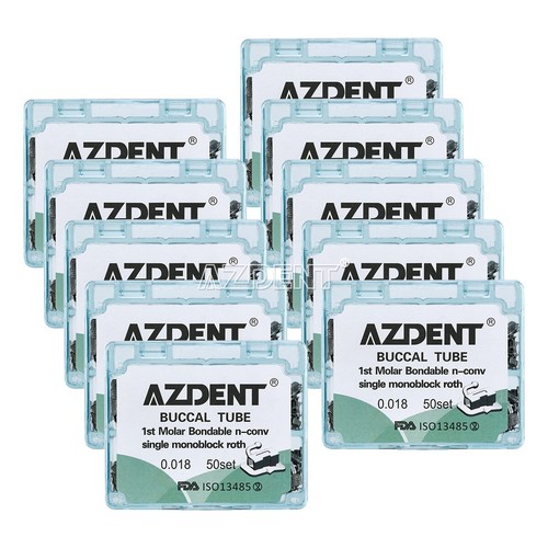 50 set AZDENT tubo buccale incollabile ortodontico dentale Roth.018.022 base a rete divisa non convertibile tubo singolo 1° 2° molare  66