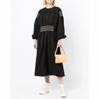 Sofie D Hoore Embroidered Smocked Pullover Dress Black Cotton Midi Size 38 US M