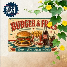 Burger Fries Fast Food Retro Diner Decor Metal Tin Sign 8x12
