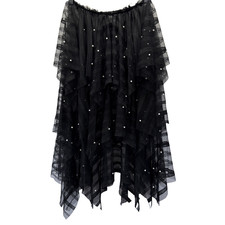 Altsal Black Mesh Whimsigoth Midi Skirt Pearl Accents Y2K Fairy Asymmetric M