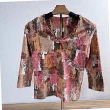 Ruby Rd Petite Abstract Print Beaded V Neck Wrap Top 3/4 Sleeve Women PM