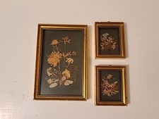 Vintage MCM 60s Pressed Flower Art Set 4 Framed Collage Wall Decor Switzerland
