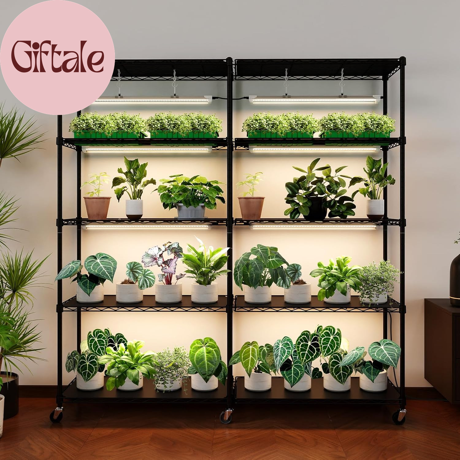 5-Tier Plant Shelf with Grow Light, Large L-Shaped or Long S