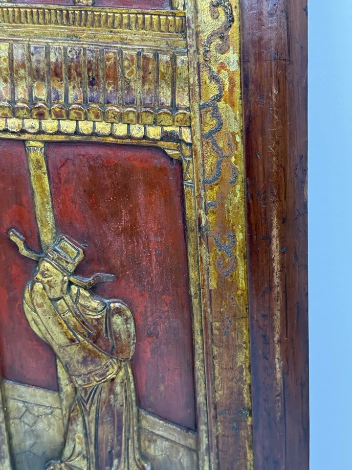 古董 19 世纪中国手工雕刻金红镀金木庙装饰 20.5 英寸 — 第 3/4 张图片