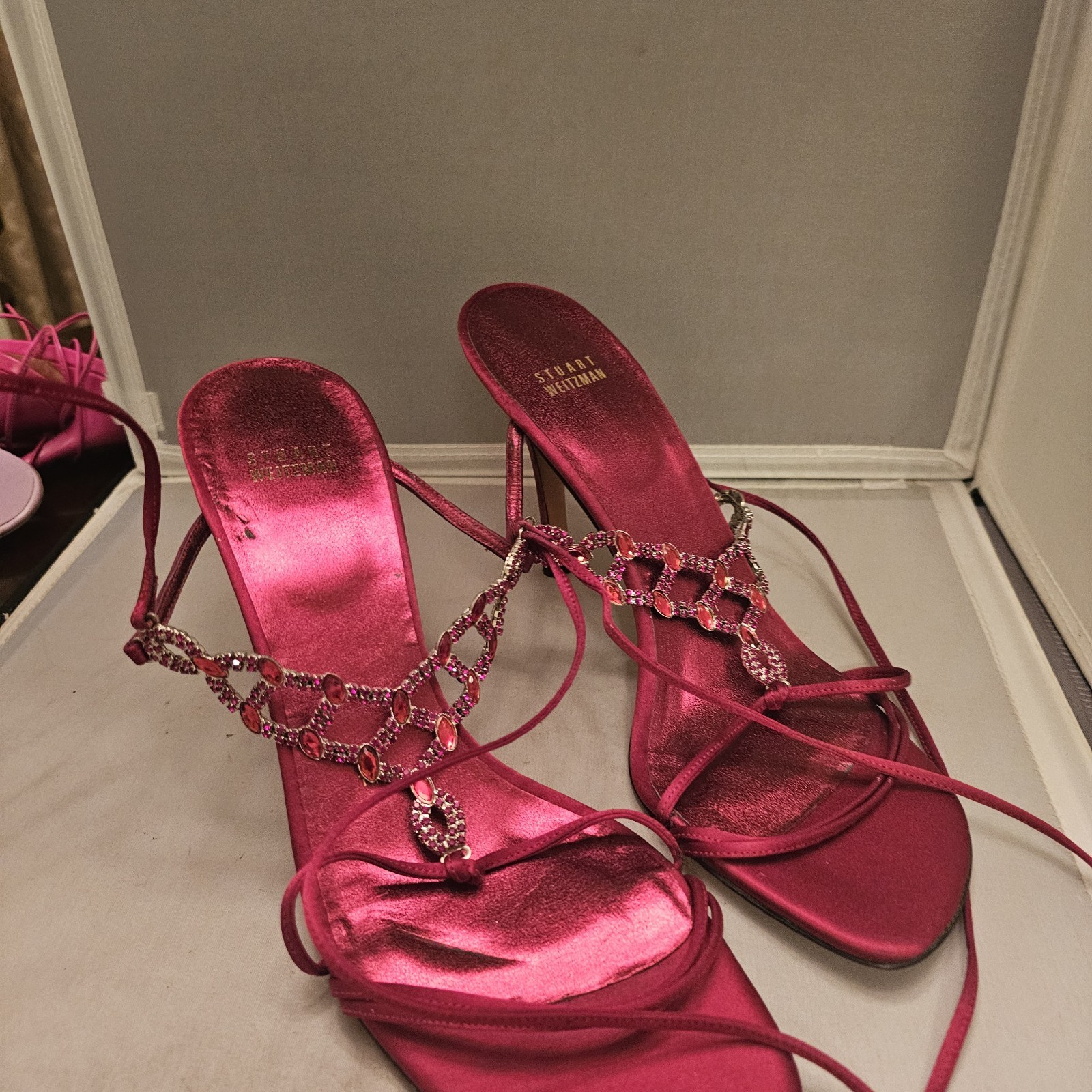 Stuart Weitzman Ruby Red Satin Gladiator 4" High … - image 8