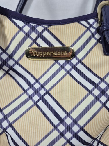 Tupperware Navy Yellow Cream Plaid Insulated Zip Top Lunch Bag Tote With Pocket - Picture 3 of 12