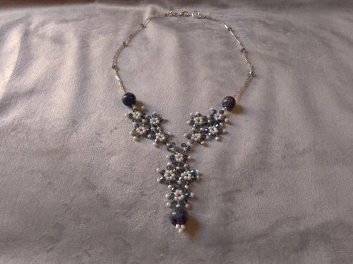 Collana Con Pietre Dure Lapislazzuli Semi Lunga In Cristallo Pattern A Fiori - Bild 9 von 11
