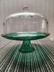 Vtg Cake Plate Emerald Green Stand & Clear Punch Bowl