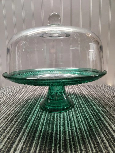 Vtg Cake Plate Emerald Green Stand & Clear Punch Bowl
