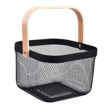 AJIODA Metal Mesh Wire Basket, Small Steel Basket with Wooden Handle Storage