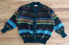 Vintage Sisley Cardigan Sweater Womens Medium Blue Green Fuzzy Mohair Italy