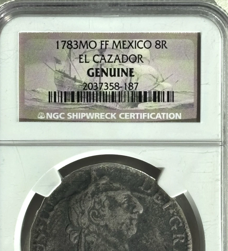 Moneda Tesoro Naufragio EL CAZADOR 1783MO FF MÉXICO 8R Reales Plata NGC GENUINA Foto 4 de 4