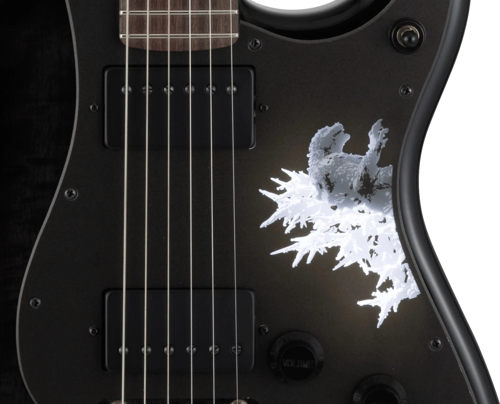 Fender Made in Japan Godzilla Stratocaster Godzilla Black headstock and inlay detail