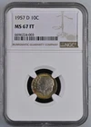 1957 D Roosevelt Dime MS67 FT NGC Beautifully Toned Full Torch!