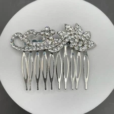 Rhinestone Crystal Bridal Hair Comb Silver Floral Scroll Accent