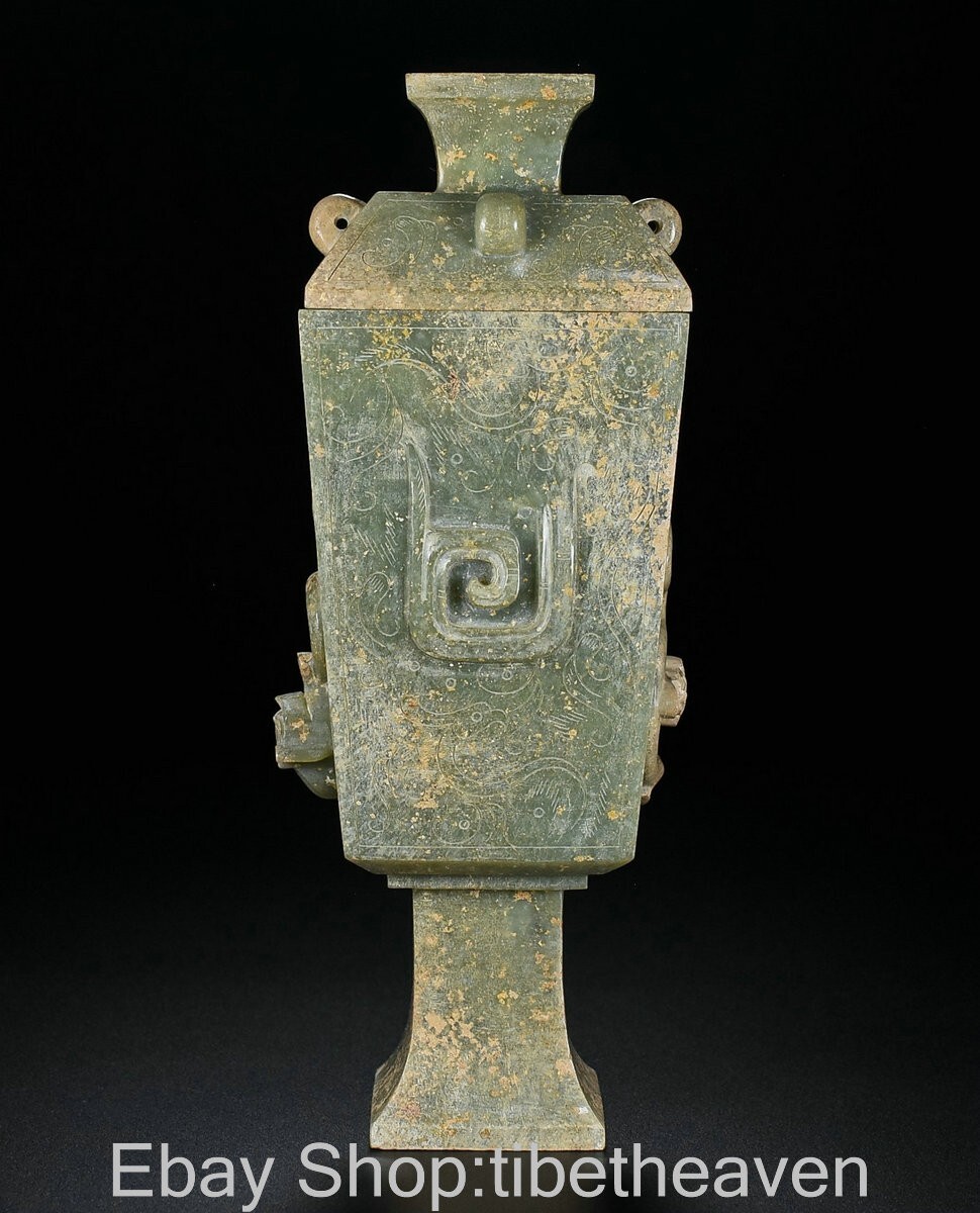 8.2" Old Chinese Hetian Jade Craving Fengshui Dragon Beast Sculpture Echelon Cup