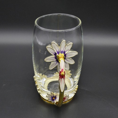 White Daisy Flower Mug Cup Spoon Enameled Metal Encased Clear Glass Rhinestones - Picture 5 of 24