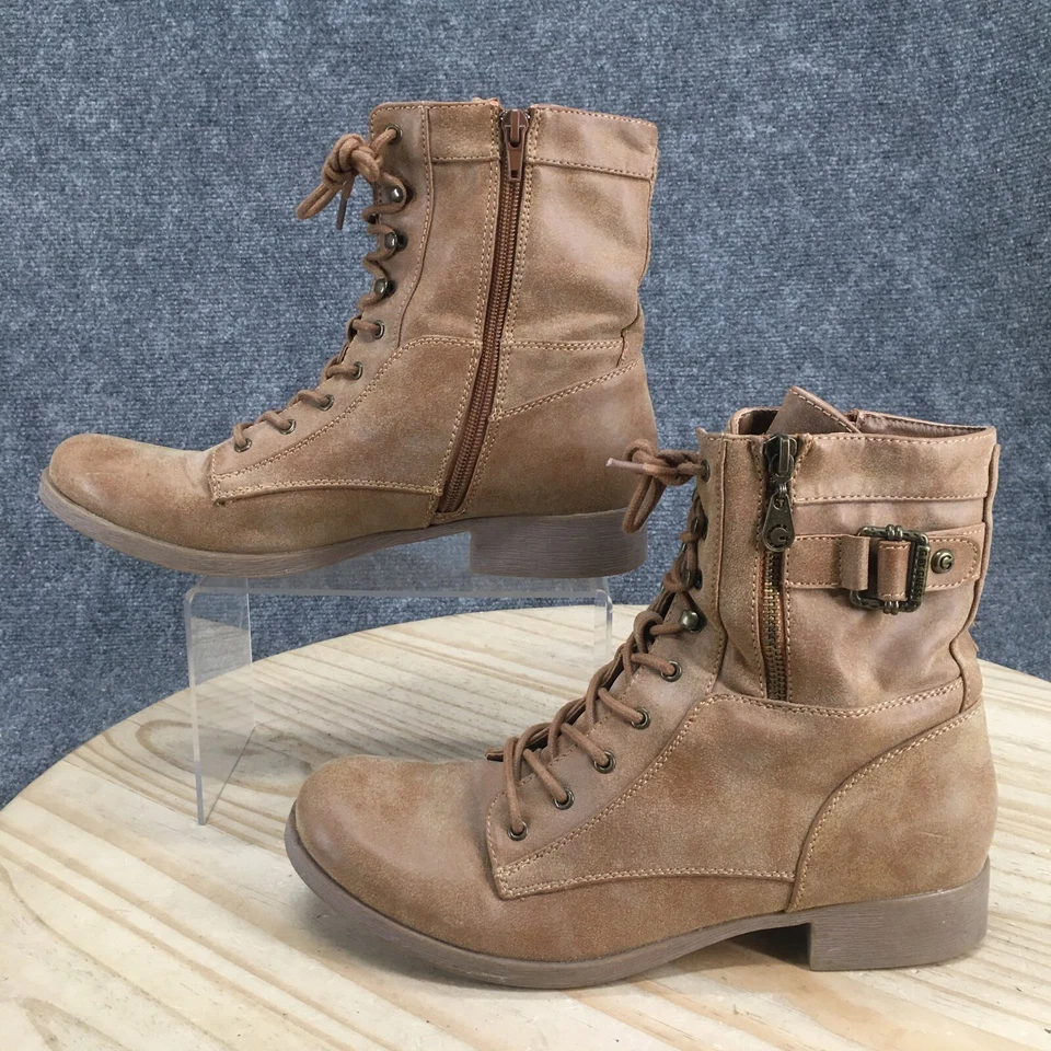 G by Guess Boots Womens 9.5 M Combat Lace Up Beige Faux Leather Zip Round Toe - Image 2 of 4
