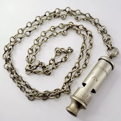 WW1 WW2 MILITARY WHISTLE ON LONG CHAIN,  BRITISH ARMY TRENCH WHISTLE WWII