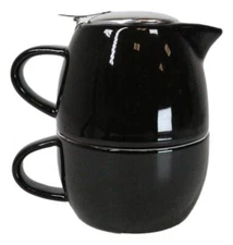 Glossy Black Contemporary Ceramic Stackable Teapot Set Single Tea Pot With Mug