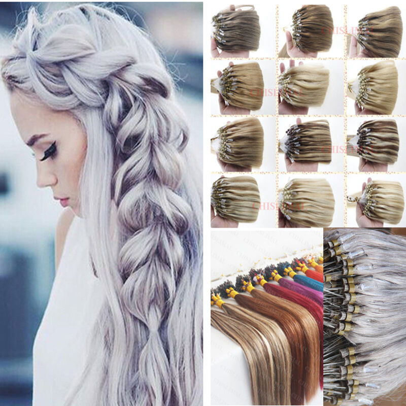 16-26Inch Remy Loop Micro Ring Human Hair Extensions Grey ombre 100s/200s Full Najnowsza cena produktu