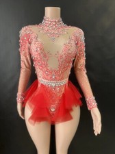 Bodysuit Women ElasticPink Mesh Ruffles Crystal Costume Stage Wear Party Outfit