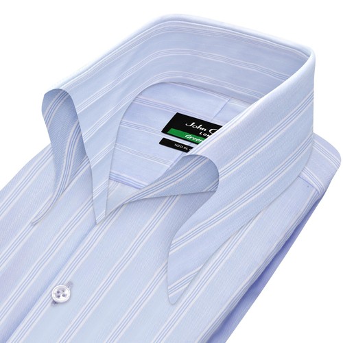 Men Blue White Stripes High Open Button Down Collar Shirt Formal Business Outfit - Picture 10 of 11