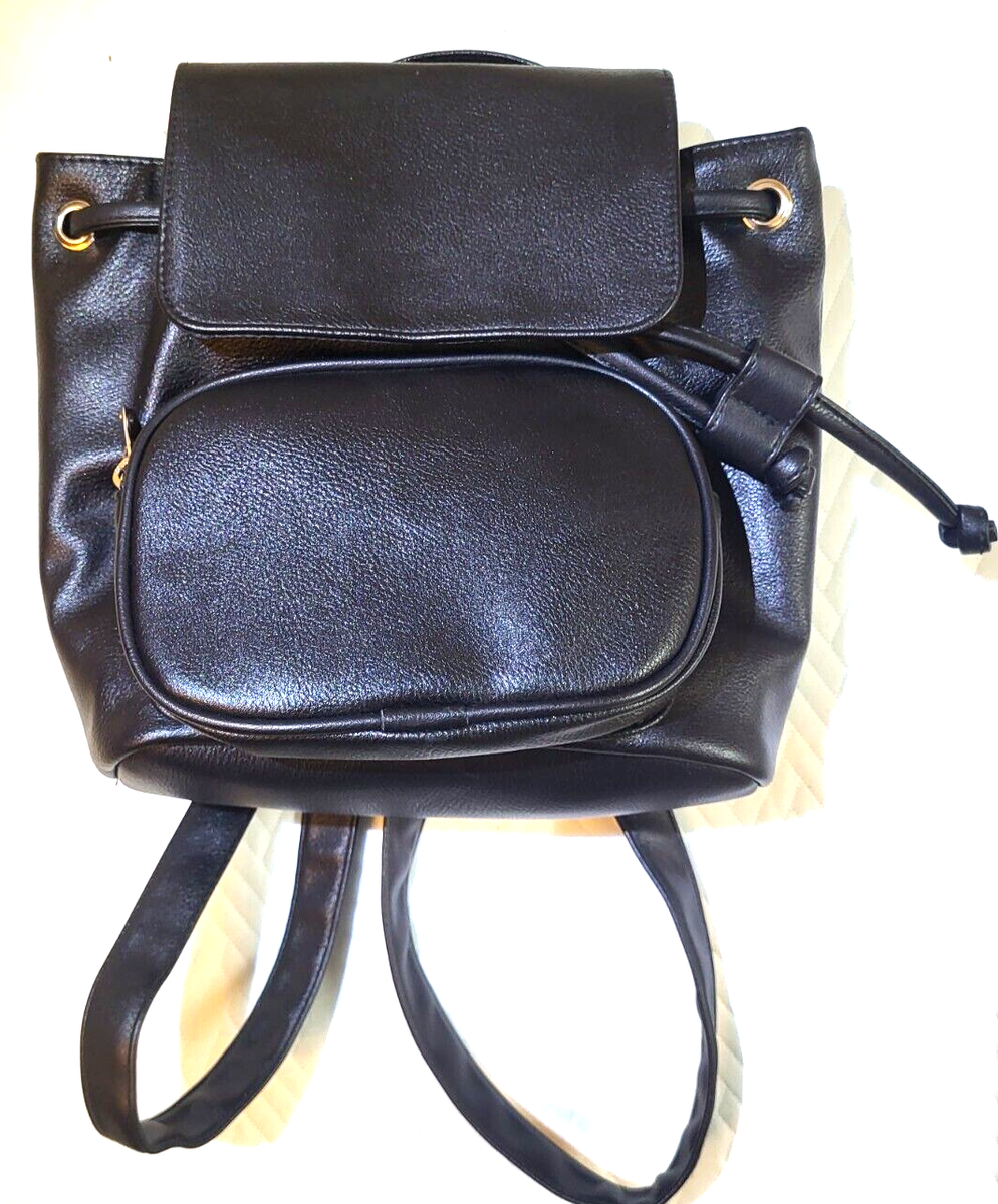 Flap Backpack Faux Leather Drawstring Backpack With Flap Black