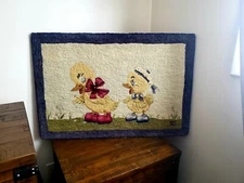 Vintage Signed Dated 1963 Folk Art Hooked Rug on the Board 2 Baby Ducklings 2x3