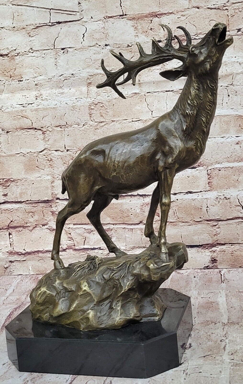 Elk Stag Buck Hunter Bronze Marble Statue for Mountain Lodge Cabin Décor