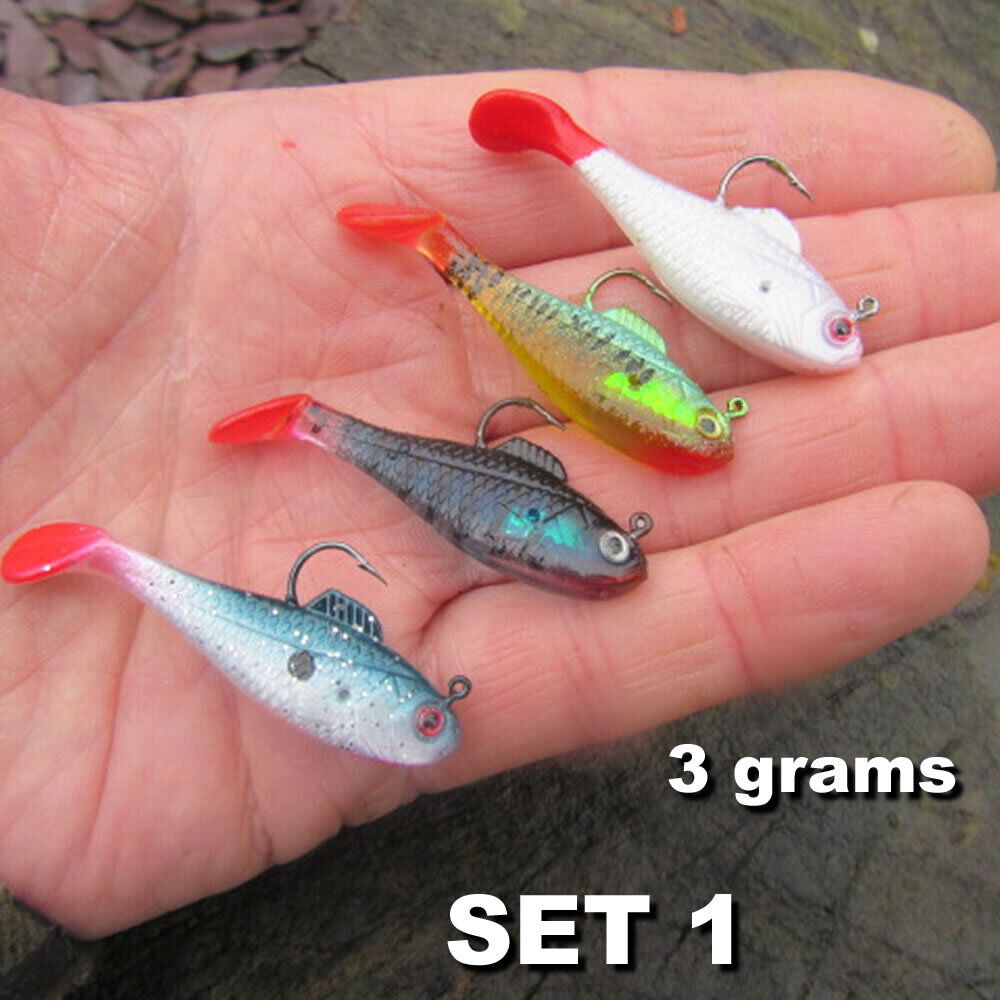 4 x Micro Fishing Lures Pike Perch Trout Chub Soft Plastic jelly Baits 3g &  10g