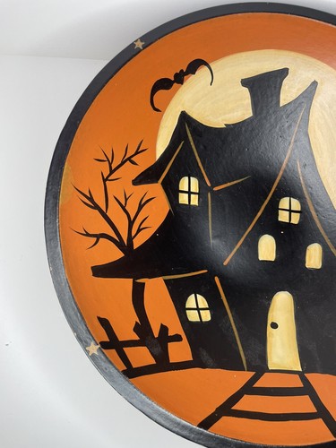 WOODEN Painted HALLOWEEN Spooky Haunted House Bats BOWL - Picture 3 of 9