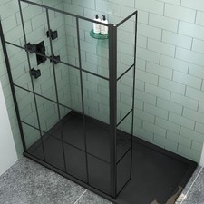 Matt Black Grid Walk In Wet Room Shower Enclosure Screen Flipper Glass Panel